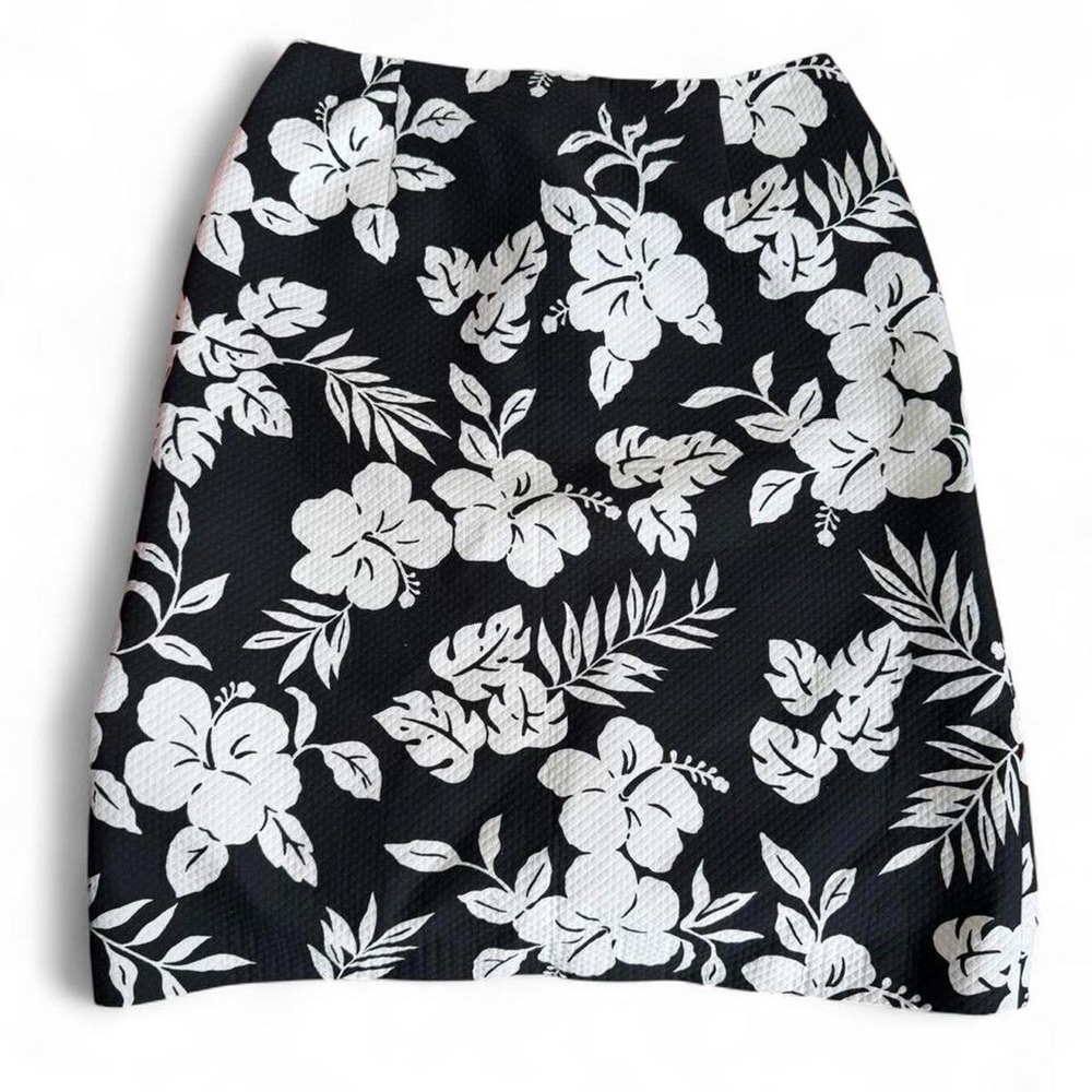 Talbots Black & White Hibiscus Hawaiian‎ Print Skirt Size 8 Summer Work